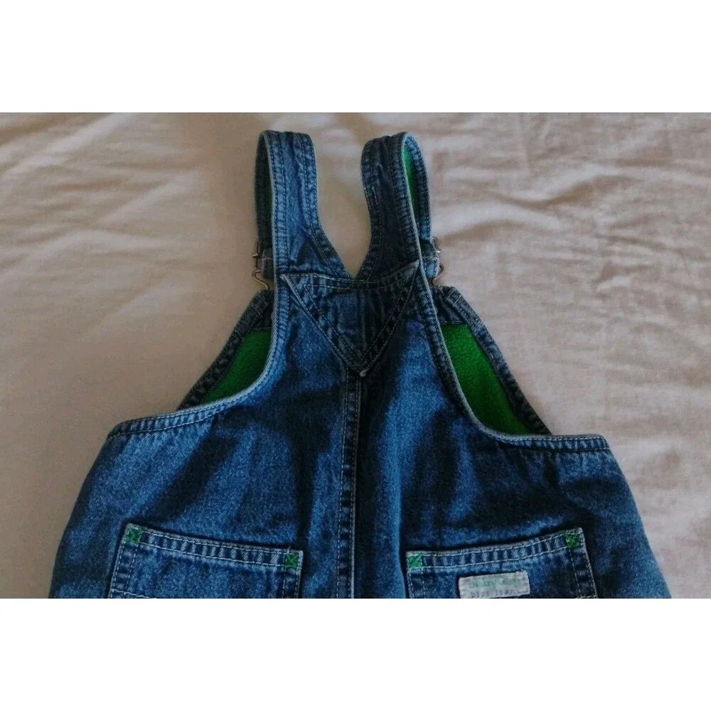 Vtg BABY GAP Denim Overalls Green Fleece Lined Zip Pocket Utility 18-24 Mo RARE